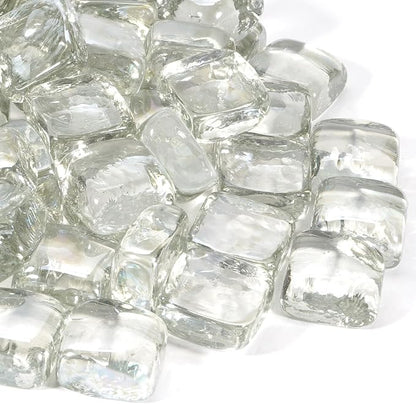 Clear Fire Pit Glass Cube, Tempered Glass Bead for Fireplace, Firepit Table Indoor or Outdoor, Propane and Natural Gas, 10 Pounds Fire Rocks, Heat Resistant, No Poping, Crystal Reflective