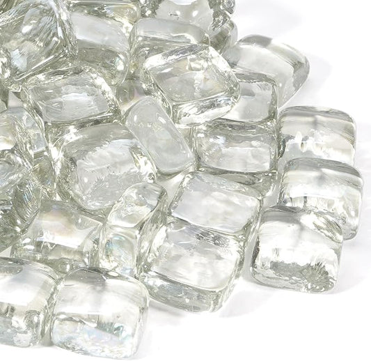 Clear Fire Pit Glass Cube, Tempered Glass Bead for Fireplace, Firepit Table Indoor or Outdoor, Propane and Natural Gas, 10 Pounds Fire Rocks, Heat Resistant, No Poping, Crystal Reflective