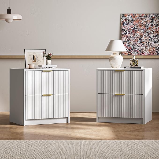 MAISONARIA 3-Piece Dresser Bedroom Set, 9 Drawer Dresser & 2 Drawer Nightstands with Gold Handles, Fluted Wood Chest of Drawers for Bedroom, Living Room, Entryway, White