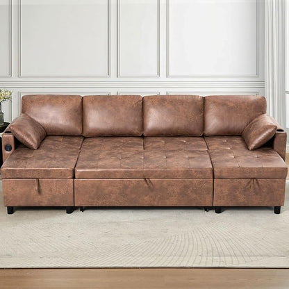 110 inches Suede Leather Sleeper Sofa w/Pull Out Bed, U-Shape Sectional Sofa Bed w/Adjustable Backrest and Storage Chaises, 4-Seats Upholstered Sofa Bed w/USB Port for Living Room, Brown