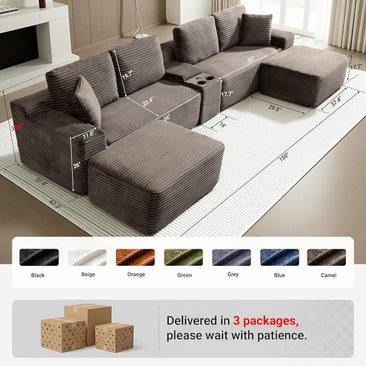 ivoros 150 Inch Modular Sectional Sofa Couch, Oversized Modern Cloud Couch for Living Room, U Shape Couches with 2 Ottomans, USB Ports and Cup Holders, Camel Corduroy Boneless Sofas, Sofa in a Box