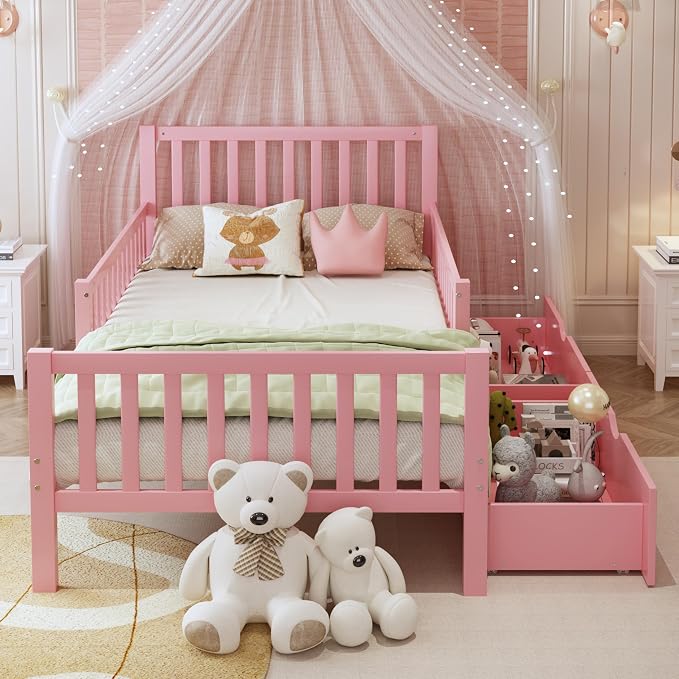 Bellemave Girls Twin Bed Frame with Fences and 2 Drawers, Kids Twin Platform Bed with Guardrails on Both Sides, Pink