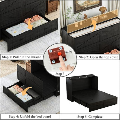 Full Murphy Bed with Charging Station, Farmhouse Noisy-Free Foldable Cabinet Bed Frame with Storage Drawer, Space Saving Hideaway Wall Bed for Guest Bedroom, Living Room, Office, Black