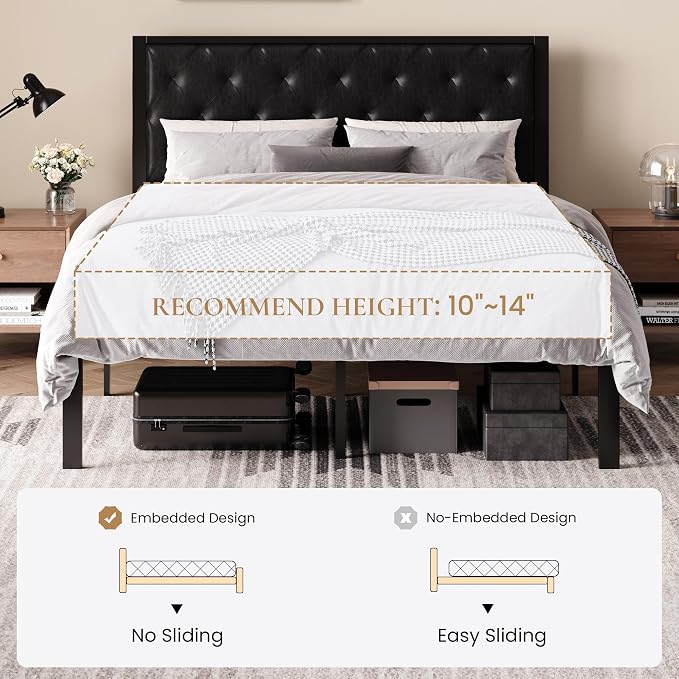 SHA CERLIN Queen Size Metal Bed Frame with PU Tufted Headboard, Black | Modern Design Heavy-Duty Platform Bed, No Box Spring Need, PU Leather Upholstery, Noise Free, Easy Assembly