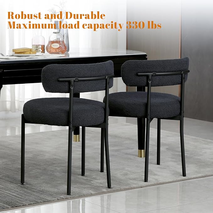 DYHOME Black Boucle Dining Chairs Set of 2, Mid Century Modern Kitchen Chairs with Curved Backrest and Metal Legs, Upholstered Dining Room Chairs