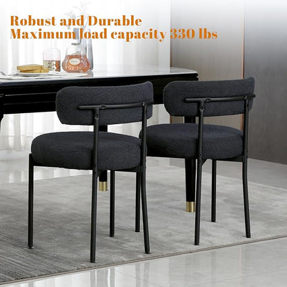 DYHOME Black Boucle Dining Chairs Set of 2, Mid Century Modern Kitchen Chairs with Curved Backrest and Metal Legs, Upholstered Dining Room Chairs