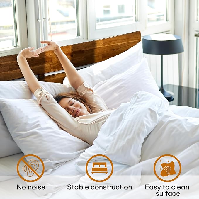 Acacia Aurora Wooden Bed with Headboard, King Size Bed Frame, 800lbs Capacity Wood Bed Compatible with All Mattress Types, Non-Slip & Noise-Free, Wood Slats Support, Easy Assembly, Chocolate.