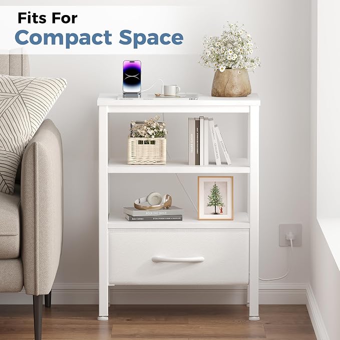DUMOS Nightstand Set of 2 with Wireless Charging Station,Bedside Tables with Adjustable Fabric Drawers,3-Tier Storage End Tables with Open Shelf, Modern Small NightStands for Bedroom Furniture,White