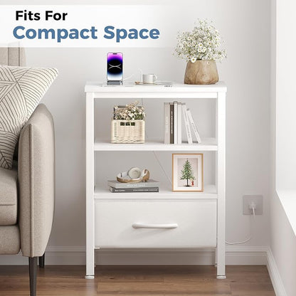 DUMOS Nightstand Set of 2 with Wireless Charging Station,Bedside Tables with Adjustable Fabric Drawers,3-Tier Storage End Tables with Open Shelf, Modern Small NightStands for Bedroom Furniture,White