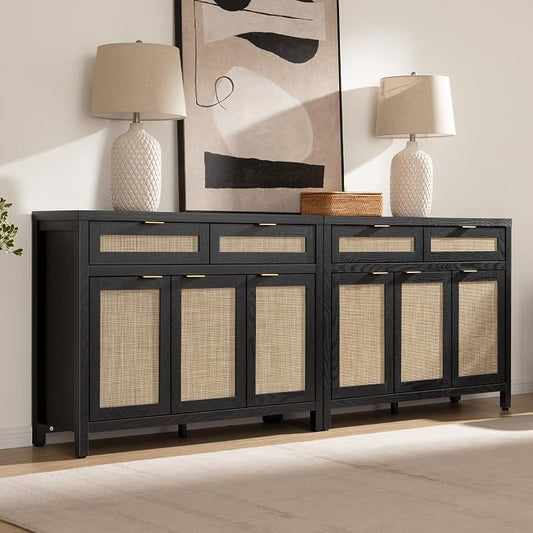 SICOTAS Rattan Sideboard Buffet Cabinet with Storage, Boho Credenza Accent Cabinet with 3 Doors and 2 Drawers, Farmhouse Console Coffee Bar Cabinets for Living Room Kitchen Entryway, Black Oak, 2 PCS