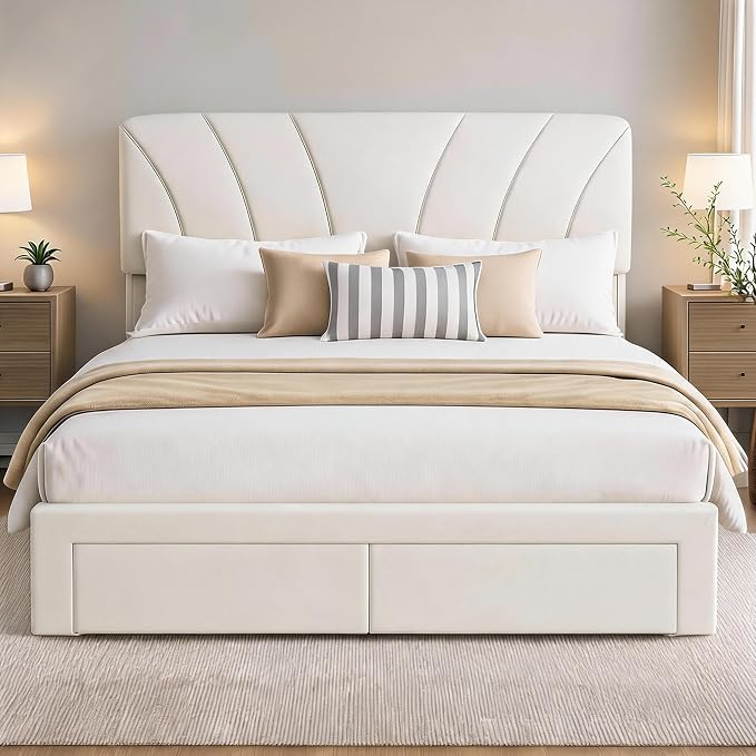 Garvee Queen Size Bed Frame with 2 Storage Drawers & Adjustable Headboard, Velvet Upholstered Platform Queen Bed Frame, Wooden Slats Support, No Box Spring Needed, Easy Assembly, Beige