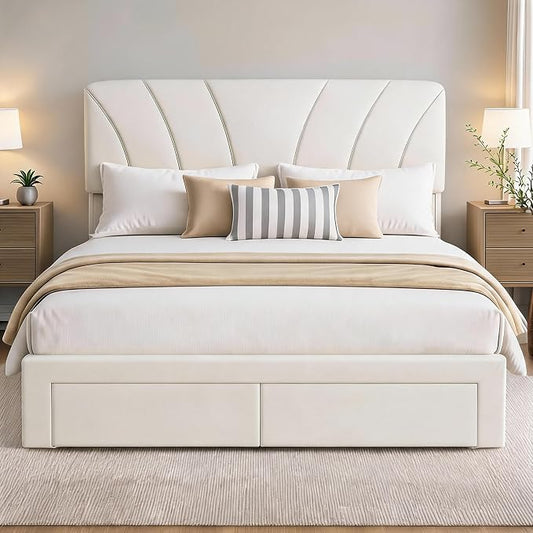 Garvee Queen Size Bed Frame with 2 Storage Drawers & Adjustable Headboard, Velvet Upholstered Platform Queen Bed Frame, Wooden Slats Support, No Box Spring Needed, Easy Assembly, Beige