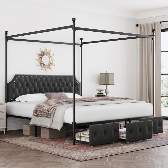 Keyluv King Upholstered Canopy Bed Frame with 3 Storage Drawers & Button Tufted Headboard, Metal Platform Bed with 4 Removable Posts, Two-Purpose Velvet Bed, Dark Grey/Curtain Not Included