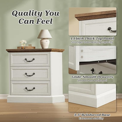 Huuger Nightstand with Charging Station, 3 Drawer Night Stand, 22 Inch Wider Side Table with Storage, Farmhouse Nightstand with Vintage Handles, Thicken Base, for Bedroom, Distressed White