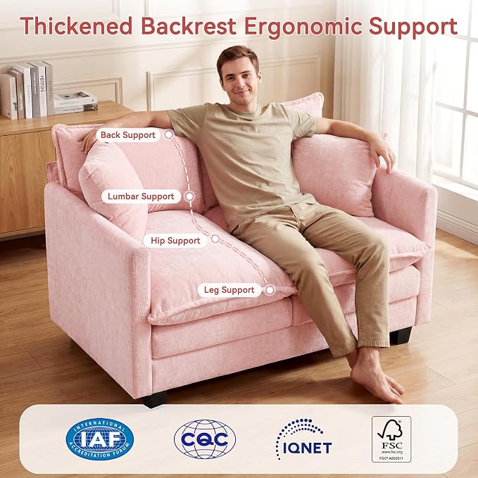 Loveseat Sofa Couch, Small Mini Compact 50" Love Seat 27" Deep Cloud Sofa Seat Washable Chenille Pillow for Apartment Bedroom Dorm Attic Studio Office Living Room Small Space 8833-PINK