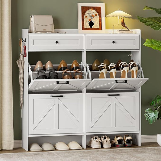 BORNOON Shoe Storage Cabinet for Entryway, Farmhouse Wide Shoe Cabinet with 4 Flip Drawers and 2 Top Drawers, Freestanding Organizer with Adjustable Shelves, Hooks, and Anti-Tip Kit for Hallway