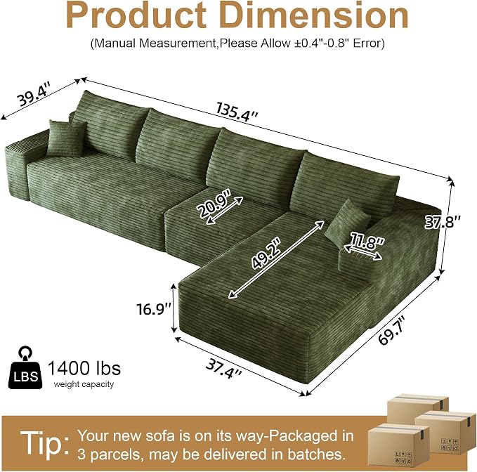 AUGOP 136" Sectional Couches for Living Room Modern Modular Sofa with L-Shape Couchs Upholstered Boneless Couch Deep Seat Sectional Couch with Chaise (Green, Right Facing Chaise+3Seaters)