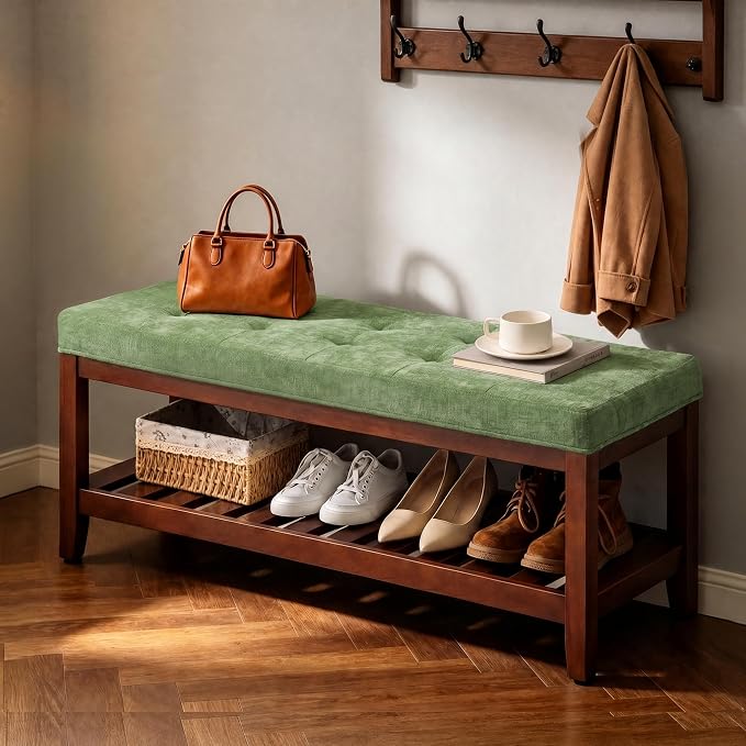 HUBSON 44" Entryway Shoe Bench, Upholstered End of Bed Bench with Solid Wood Shelf, Button Tufted Shoe Bench for Bedroom, Hallway, Living Room, Green