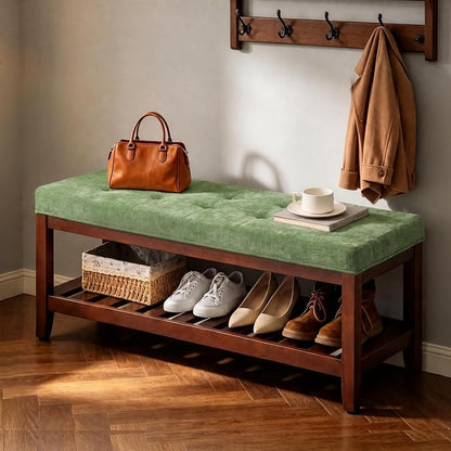 HUBSON 44" Entryway Shoe Bench, Upholstered End of Bed Bench with Solid Wood Shelf, Button Tufted Shoe Bench for Bedroom, Hallway, Living Room, Green