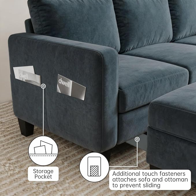 78" Sectional Sofa Couches for Living Room, Blue L Shaped Couch with Storage Ottoman, Deep Seat Pet-Friendly Velvet Fabric Sofa Set for Small Space, Apartment, Dorm