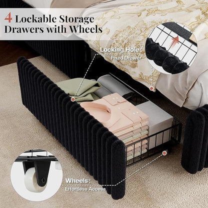 Jocisland Queen Size Corduroy Upholstered Bed Frame with 4 Storage Drawers & 51.2" Tall Wingback Headboard, LED Platform Bed with Charging Station, Easy Assembly, No Box Spring Needed, Black