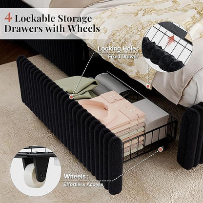 Jocisland King Size Corduroy Upholstered Bed Frame with 4 Storage Drawers & 51.2" Tall Wingback Headboard, LED Platform Bed with Charging Station, Easy Assembly, No Box Spring Needed, Black