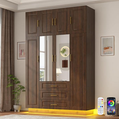 Hlivelood Large Armoire Wardrobe Closet Cabinet with Drawers and LED Lights, Multi-Tier Shelves, Hanging Rod, Large Capacity Storage 4 Door Wardrobe Armoire with Top Cabinet for Bedroom, Brown