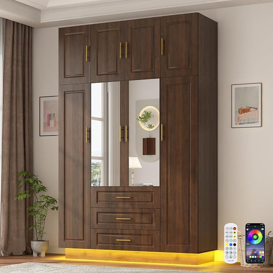 Hlivelood Large Armoire Wardrobe Closet Cabinet with Drawers and LED Lights, Multi-Tier Shelves, Hanging Rod, Large Capacity Storage 4 Door Wardrobe Armoire with Top Cabinet for Bedroom, Brown