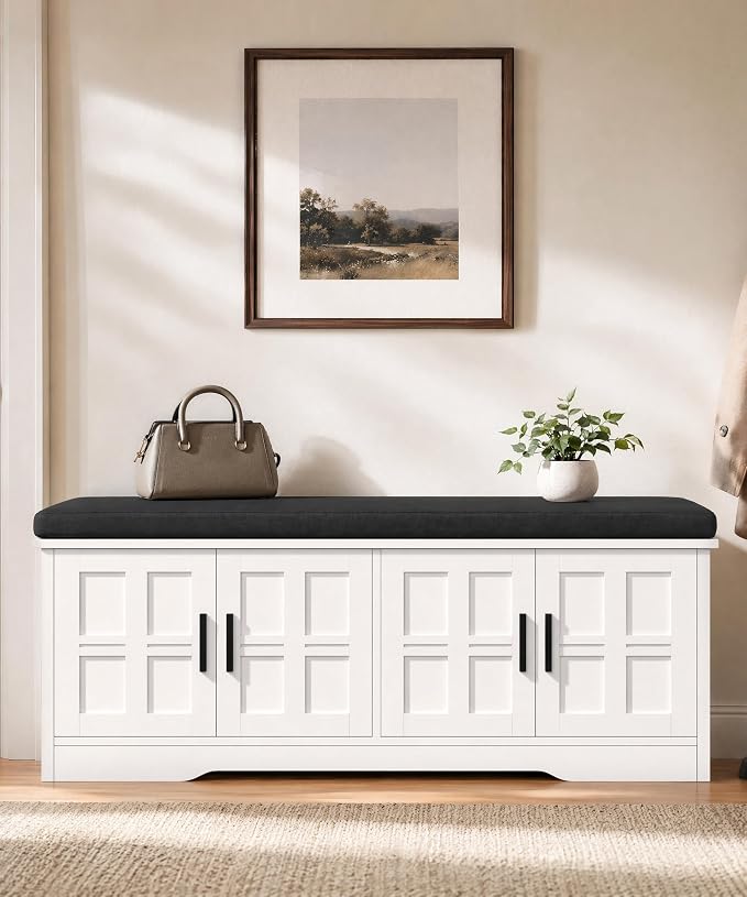 Akxomel Shoe Bench with Storage, 47.2" Entryway Bench with Padded Cushion, 2-Tier Shoe Cabinet Bench with Adjustable Shelves and 4 Cross Molding Doors, for Hallway, Living Room, Bedroom, White