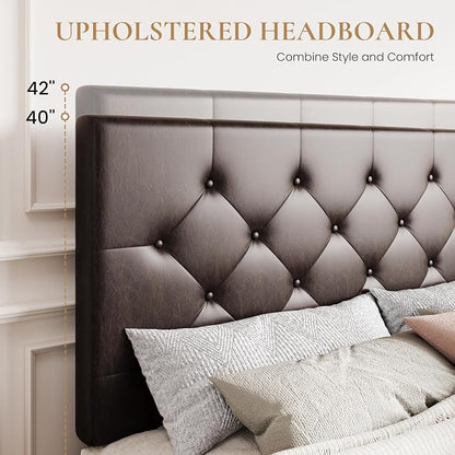 SHA CERLIN Upholstered Queen Size Platform Bed Frame with 4 Storage Drawers, Adjustable Headboard with Diamond Stitched Button Tufted Design, Wooden Slat Support, No Box Spring Needed, Black Brown