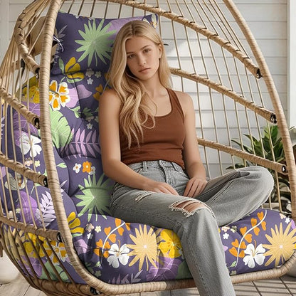 Outdoor Hanging Egg Chair Cushion Replacement, Extra Large Waterproof Egg Swing Cushions with Headrest Pillow and Ties, U-Shaped Thickened Cushion for Hanging Eggs Chair (Purple Floral Leaf)