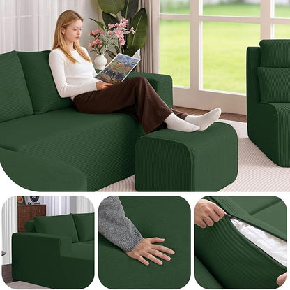 104.92" L-Shaped Corduroy 3 Piece Sofa Set with Single Lounge Chair & Ottoman, Modular Compressed All Foam Couch, Freely Movable Footrest, Minimalist Large Living Room Furniture