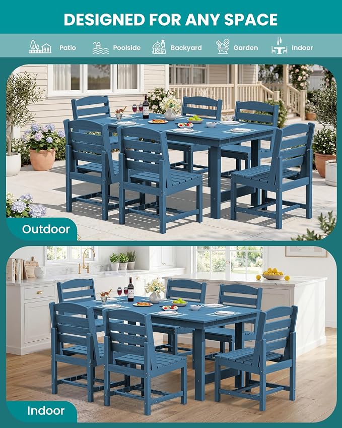 SERWALL Patio Dining Sets for 10 Person, HDPE Dining Set with 2 Tables, 8 Armless Chairs and 2 Armed Dining Chairs, Blue