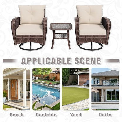 3 Piec Patio Bistro Set with 2 Rocking Chairs & Table, 360° Swivel PE Wicker Outdoor Furniture, Heavy-Duty Steel Frame,Weatherproof Cushions, Beige