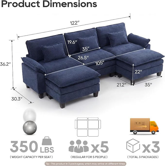 URRED Oversized Modular Sectional Sofa, 122" U Shaped Modern Comfy Cloud Couch with Movable Ottoman & Pillows, Deep Seat Couches for Living Room, Bedroom or Apartment (Corduroy Blue, 122" U Shaped)