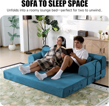78.8" Memory Foam Boneless Couch, Corduroy Floor Sofa Bed, Convertible Sleeper Futon Loveseat, Wide Armrests & Back Support, Supports Up to 1200 lbs, Couch in a Box with 2 Pillows, Ocean Blue