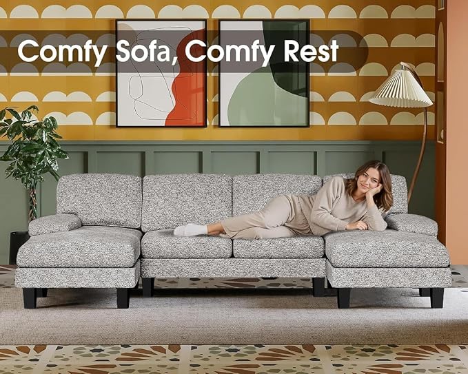 Furmax Sectional Couches for Living Room, U-Shaped Sofa Couch with Linen Fabric, 4 Seat Sofa Set with Double Chaise for Apartment (Loop Yarn, Pearl Gray)