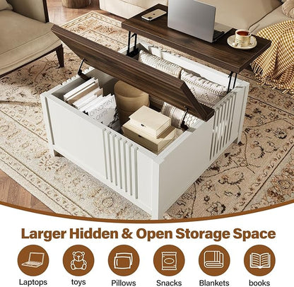 knoworld Farmhouse Lift Top Coffee Table with Storage, 35" Square Large Coffee Table with Hidden Compartment, Rustic Wood Center Table for Living Room, White