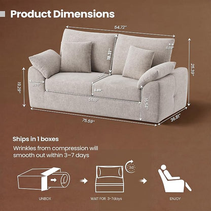 75.6" Boneless Loveseat Sofa, Polyester Fabric 2-Seater Couch with 4 Pillows, No Assembly Required, Soft High Density Foam Cushion, Rectangular Track Arm Sofa for Living Room Bedroom Apartment (Camel)