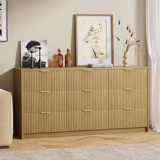 Furniway 3 Piece Bedroom Set, 9 Drawer Dresser and 3-Drawer Nightstand Set of 2 with Gold Handles, Mid-Century Modern Wood Chest of Drawers Storage Cabinet for Bedroom, Natural Oak