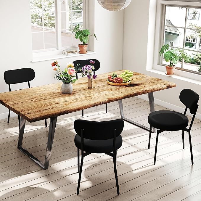 KROFEM Set of 4 Boucle Fabric Dining Chairs,Black | Mid-Century Style Comfort Sponge Filled Seat Back Dining Room Chairs for Kitchen Dining Table