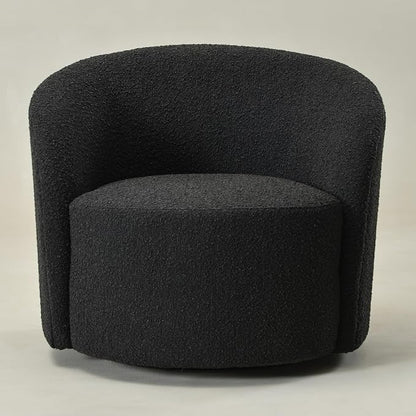 KINWELL 34" Boucle Swivel Barrel Chair with 18" Round Ottoman Set, Fully Assembled Set of Sherpa Accent Chair and Footrest, Modern Comfy Armchair and Footstool for Living Room and Bedroom, Black