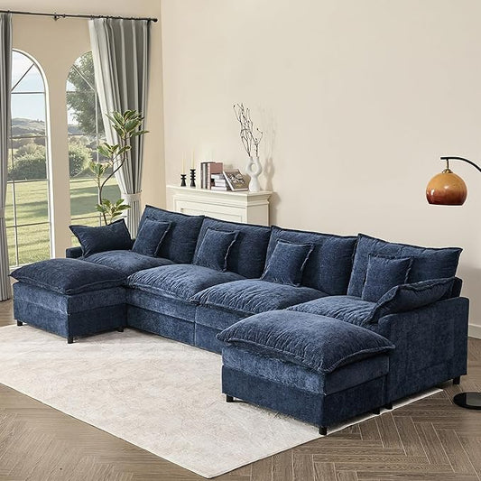 GOSUHI 142.5" U-Shaped Modular Cloud Couch, Deep Seat, Chenille Navy | Cloud Comfort, Couches for Living Room, Removable & Machine-Washable Covers, Movable Ottoman, Modular Sectional Sofa