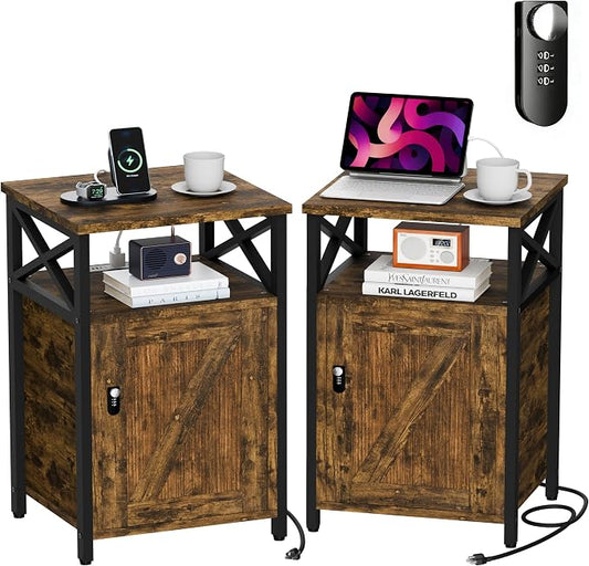 Night Stand Set 2, Bedroom Nightstands, Matching Bedside Table, Retro Brown | Lock and Charging Station, USB C Port, Large Lockable Storage Cabinet, End Tables with Door, Metal and Wood Bed Side Tables