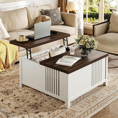 knoworld Farmhouse Lift Top Coffee Table with Storage, 35" Square Large Coffee Table with Hidden Compartment, Rustic Wood Center Table for Living Room, White