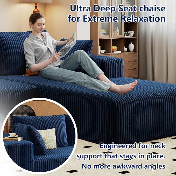 96" Modular Sectional Sofa, Modern Corduroy Cloud Couch with Deep Seat, Boneless Couch Upholstered 3-Seater L-Shaped Sofa for Living Room, No Assembly Required (Blue, Right-Facing Chaise)