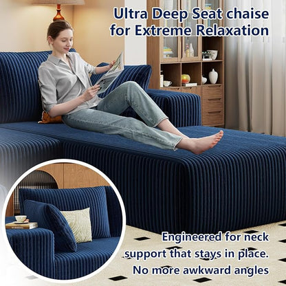 96" Modular Sectional Sofa, Modern Corduroy Cloud Couch with Deep Seat, Boneless Couch Upholstered 3-Seater L-Shaped Sofa for Living Room, No Assembly Required (Blue, Right-Facing Chaise)