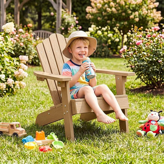 Costzon Kids Adirondack Chair, All-Weather HIPS Toddler Outdoor Chair, Wooden Textured Plastic Fire Pit Chair, Kids Patio Chair for Backyard Lawn Garden, Fits Children Age 3-7 Years (1, Teak)