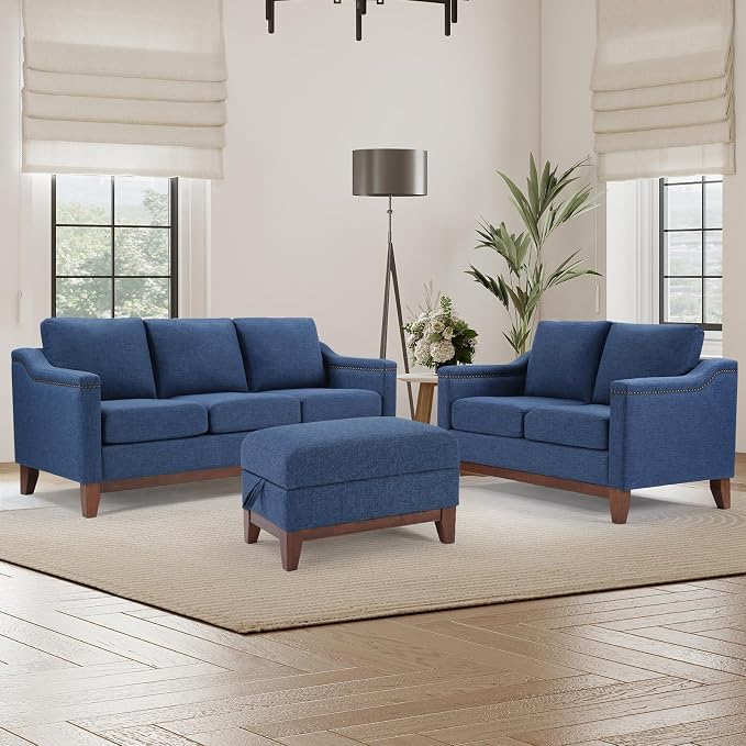 HAOMARKETS Modern 3 Piece Sofa Set with Rivets, Included Fabric Loveseat 2-Seater Sofa, Upholstered 3-Seater Couches with Solid Wood Legs and Storage Ottoman, Living Room Furniture Set,Blue