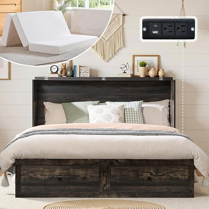 LUXOAK Queen Murphy Bed with 6" White Tri-Fold Memory Foam Mattress, Storage Drawer & Charging Station, Space-Saving Design for Home Office or Guest Room, Black Oak